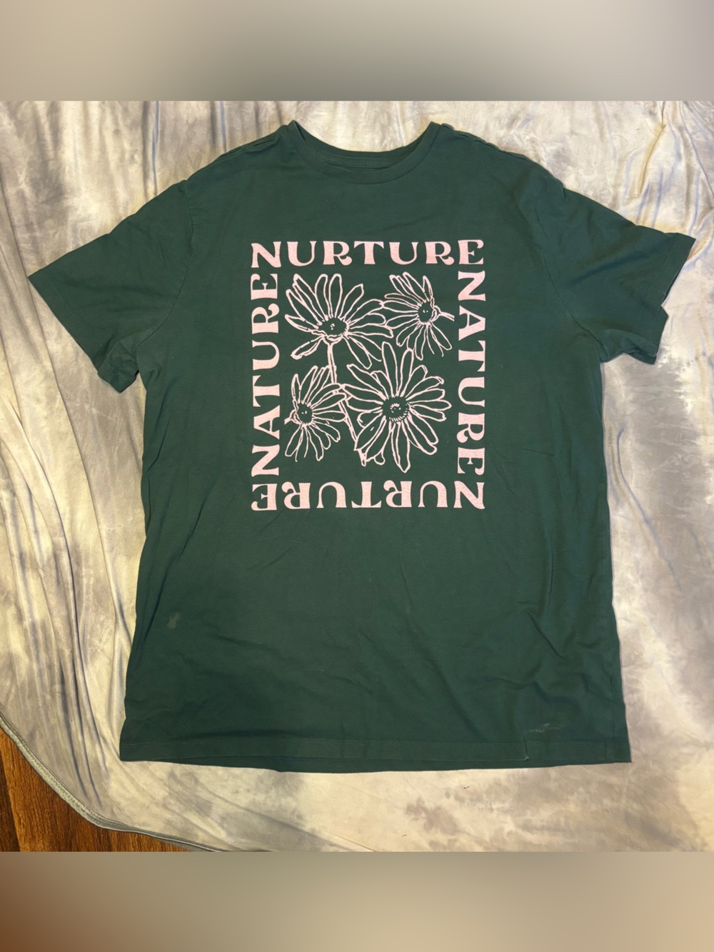 Large Goodfellow & Co Dark Green Tee with Pink Floral Graphic